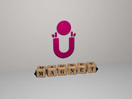 MAGNET 3D icon on the wall and cubic letters on the floor. 3D illustration. background and attract