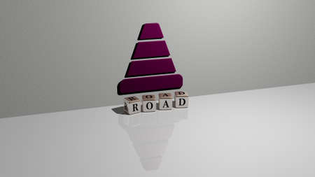 ROAD text of cubic dice letters on the floor and 3D icon on the wall. 3D illustration. background and cityの写真素材