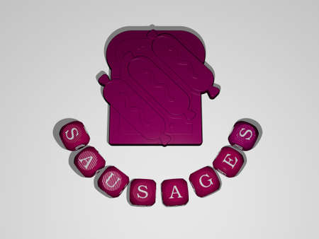 SAUSAGES text around the 3D icon. 3D illustration. background and food