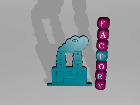 factory text beside the 3D icon. 3D illustration. industrial and industryの写真素材
