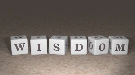 alphabetic Wisdom arranged by cubic letters on a mirror floor, concept meaning and presentation in 3D perspective for illustration and backgroundの写真素材