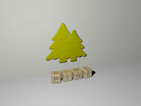 pine 3D icon on the wall and cubic letters on the floor - 3D illustration for background and forestの写真素材