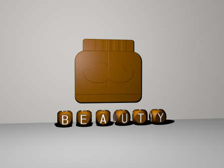 beauty 3D icon on the wall and text of cubic alphabets on the floor - 3D illustration for beautiful and backgroundの写真素材