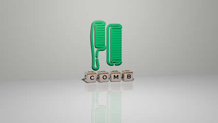 COMB text of cubic dice letters on the floor and 3D icon on the wall - 3D illustration for background and hairの写真素材
