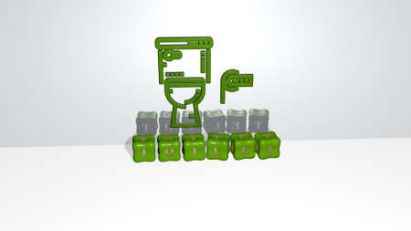 3D graphical image of toilet vertically along with text built by metallic cubic letters from the top perspective, excellent for the concept presentation and slideshows for bathroom and illustrationの写真素材