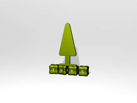 tree 3D icon object on text of cubic letters - 3D illustration for background and christmasの写真素材