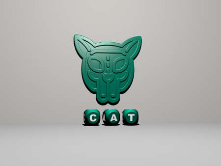 CAT 3D icon on the wall and text of cubic alphabets on the floor - 3D illustration for animal and...