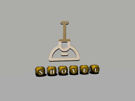 3D illustration of SHOVEL graphics and text made by metallic dice letters for the related meanings of the concept and presentations for background and gardenの写真素材