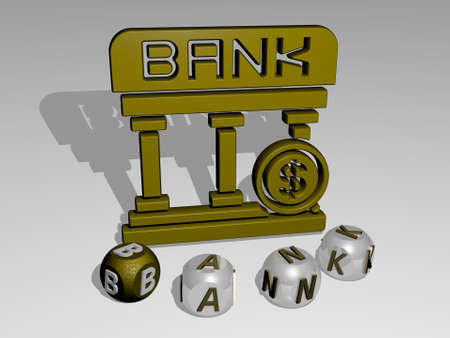 BANK round text of cubic letters around 3D icon - 3D illustration for business and backgroundの写真素材
