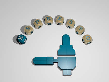 espresso 3D icon surrounded by the text of cubic letters - 3D illustration for coffee and cupの写真素材