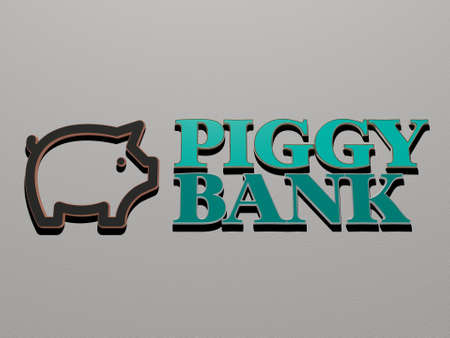 piggy bank icon and text on the wall - 3D illustration for money and backgroundの写真素材
