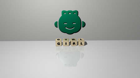 GIRL text of cubic dice letters on the floor and 3D icon on the wall - 3D illustration for beautiful and backgroundの写真素材