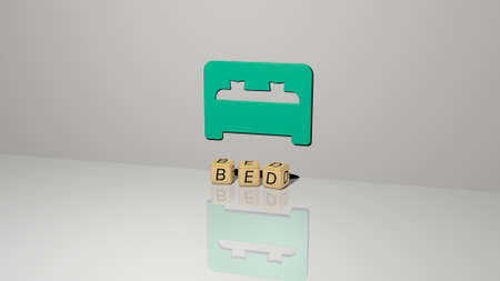 bed text of cubic dice letters on the floor and 3D icon on the wall - 3D illustration for bedroom...