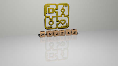 puzzle text of cubic dice letters on the floor and 3D icon on the wall - 3D illustration for...