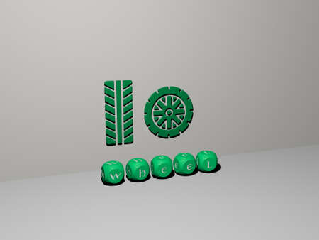 WHEEL 3D icon on the wall and text of cubic alphabets on the floor - 3D illustration for background...