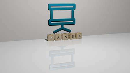 PANEL text of cubic dice letters on the floor and 3D icon on the wall - 3D illustration for background and designの写真素材