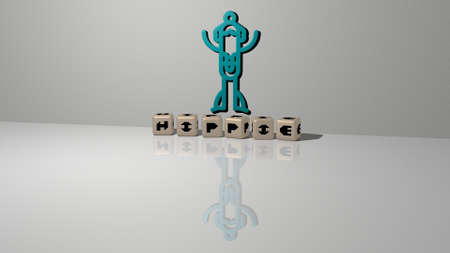 HIPPIE text of cubic dice letters on the floor and 3D icon on the wall - 3D illustration for background and artの写真素材