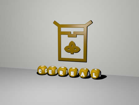 cereal 3D icon on the wall and text of cubic alphabets on the floor - 3D illustration for background and agricultureの写真素材
