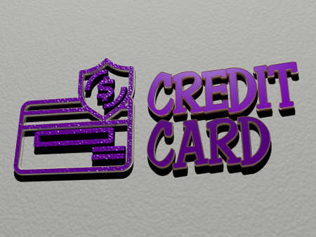 3D representation of credit card with icon on the wall and text arranged by metallic cubic letters on a mirror floor for concept meaning and slideshow presentation for business and illustrationの写真素材