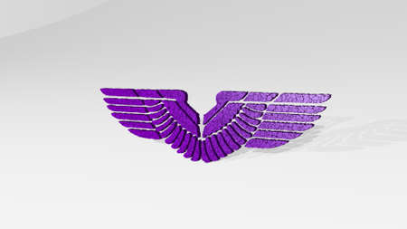 wings on the wall. 3D illustration of metallic sculpture over a white background with mild texture for bird and angelの写真素材