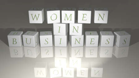 alphabetic WOMEN IN BUSINESS arranged by cubic letters on a mirror floor, concept meaning and presentation in 3D perspective for beautiful and youngの写真素材