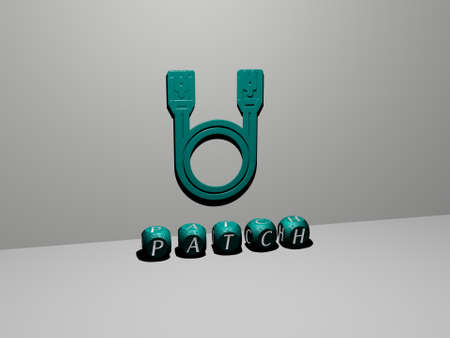 3D illustration of patch graphics and text made by metallic dice letters for the related meanings of...