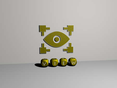 3D representation of view with icon on the wall and text arranged by metallic cubic letters on a...