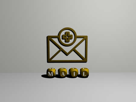 3D representation of MAIL with icon on the wall and text arranged by metallic cubic letters on a...