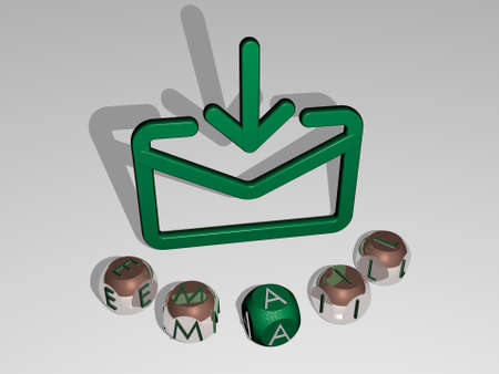3D graphical image of email vertically along with text built around the icon by metallic cubic letters from the top perspective, excellent for the concept presentation and slideshows forの写真素材