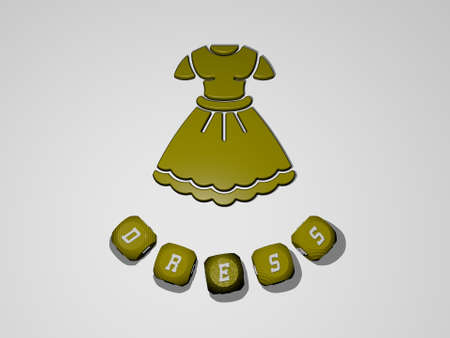 3D representation of DRESS with icon on the wall and text arranged by metallic cubic letters on a mirror floor for concept meaning and slideshow presentation for beautiful and girlの写真素材