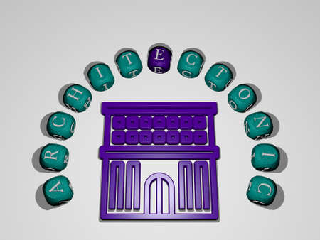3D illustration of architectonic graphics and text around the icon made by metallic dice letters for...