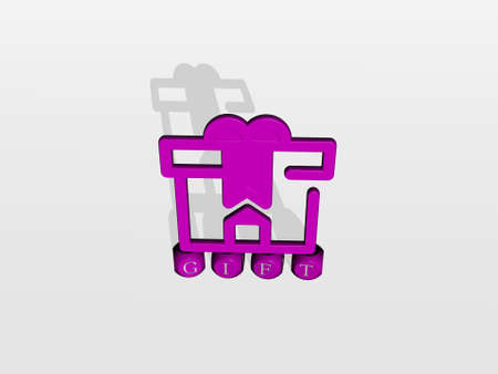 3D representation of gift with icon on the wall and text arranged by metallic cubic letters on a mirror floor for concept meaning and slideshow presentation for background and illustrationの写真素材