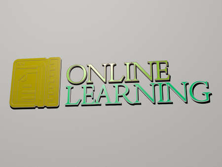 3D representation of online learning with icon on the wall and text arranged by metallic cubic letters on a mirror floor for concept meaning and slideshow presentation for illustration and businessの写真素材