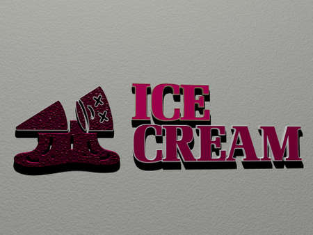 3D illustration of ICE CREAM graphics and text made by metallic dice letters for the related meanings of the concept and presentations for background and coldの写真素材
