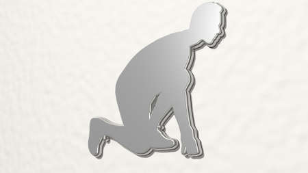 runner made by 3D illustration of a shiny metallic sculpture on a wall with light background for...