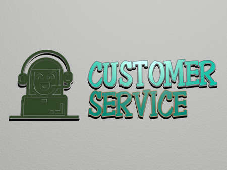 3D representation of customer service with icon on the wall and text arranged by metallic cubic letters on a mirror floor for concept meaning and slideshow presentation for business and illustrationの写真素材