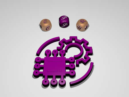 3D representation of cpu with icon on the wall and text arranged by metallic cubic letters on a...