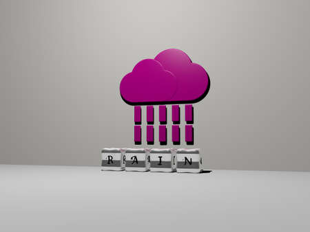 3D illustration of RAIN graphics and text made by metallic dice letters for the related meanings of...