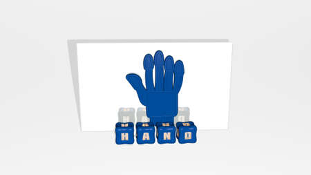3D graphical image of hand vertically along with text built by metallic cubic letters from the top...