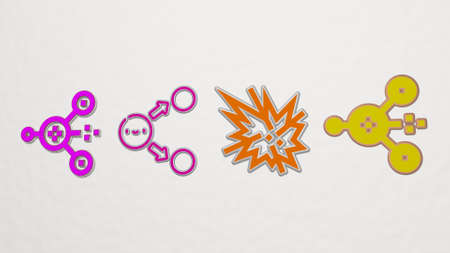 fission made by 3D illustration of a shiny metallic sculpture on a wall with light background for...