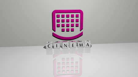 3D illustration of cinema graphics and text made by metallic dice letters for the related meanings of the concept and presentations for background and movieの写真素材