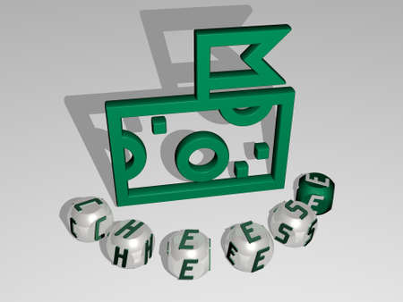 3D graphical image of cheese vertically along with text built around the icon by metallic cubic letters from the top perspective, excellent for the concept presentation and slideshows forの写真素材