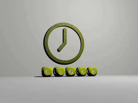 3D graphical image of clock with text .
