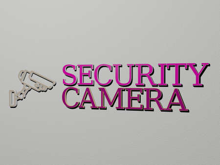 3D graphical image of SECURITY CAMERA vertically along with text built by metallic cubic letters...