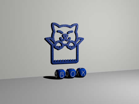 3D graphical image of box vertically along with text built by metallic cubic letters from the top...