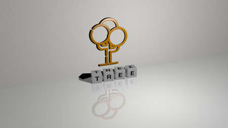 3D graphical image of tree vertically along with text built by metallic cubic letters from the top perspective, excellent for the concept presentation and slideshows for background and christmasの写真素材