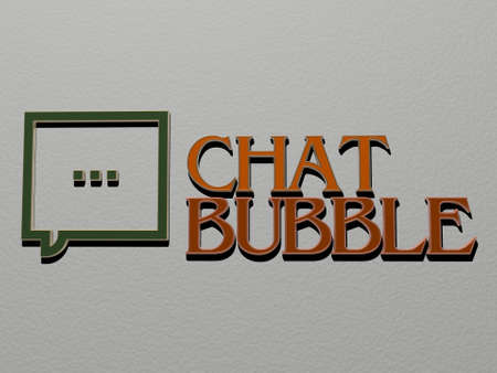 3D representation of chat bubble with icon on the wall and text arranged by metallic cubic letters on a mirror floor for concept meaning and slideshow presentation for illustration and communicationの写真素材