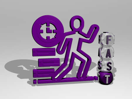 3D graphical image of fast vertically along with text built around the icon by metallic cubic letters from the top perspective excellent for the concept presentation and slideshows for illustrationの写真素材