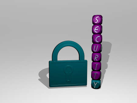3D illustration of security graphics and text around the icon made by metallic dice letters for the related meanings of the concept and presentations for background and businessの写真素材