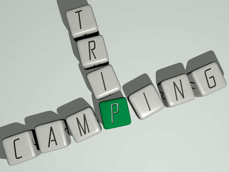 combination of camping trip built by cubic letters from the top perspective, excellent for the concept presentation for adventure and illustrationの写真素材